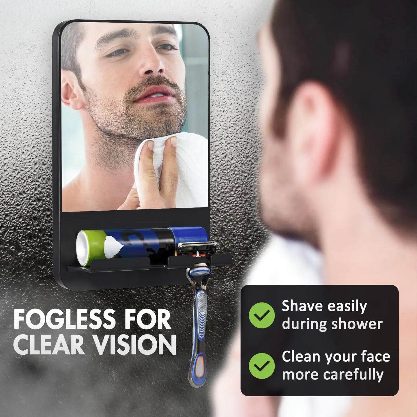 TAILI Shower Shaving Mirror with Storage Tray – Razor Holder, Suction Cup, Shatterproof & Fogless Bathroom Mirror