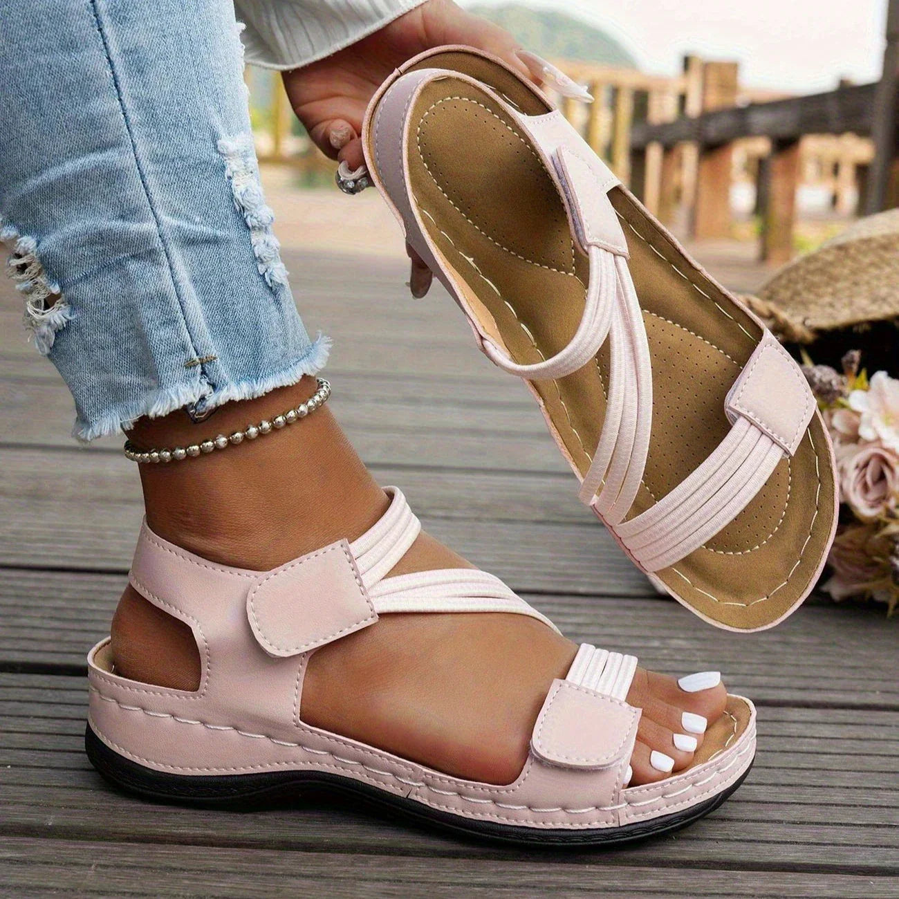 Women’s Solid Color Wedge Sandals – Casual Open-Toe Retro Thick Sole Beach Sandals, Comfortable High Heel Summer Footwear