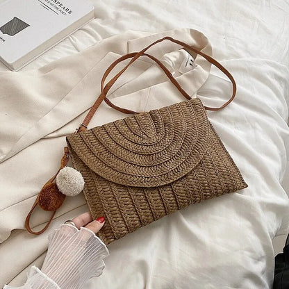 Handmade Straw Beach Bag – Small Woven Summer Shoulder Crossbody Clutch with Hair Ball