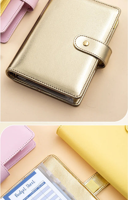A6 Gold Ring Budget Planner Binder – Gold, Purple & Black with Zipper Cash Envelopes for Money Organization