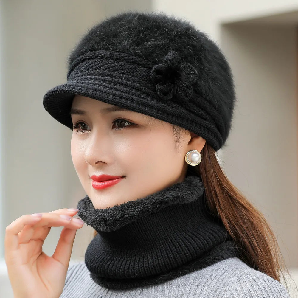 Women's Winter Hat and Scarf Set - Faux Fur Lined Knitted Cap with Flower Detail for Warmth and Style