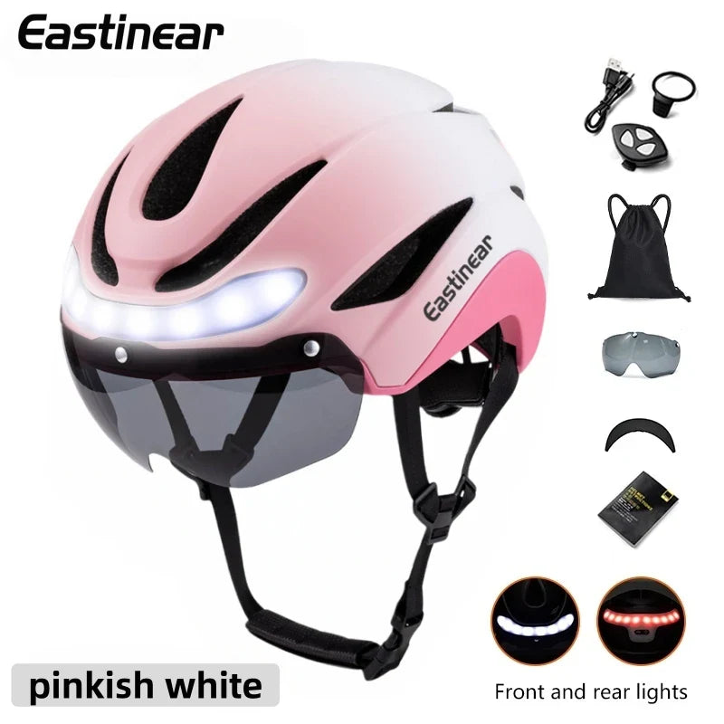 Eastinear Ultralight Road Bike Helmet with LED Lights – Magnetic Goggles & Sun Visor Cycling Racing Helmet for Adults (400g)