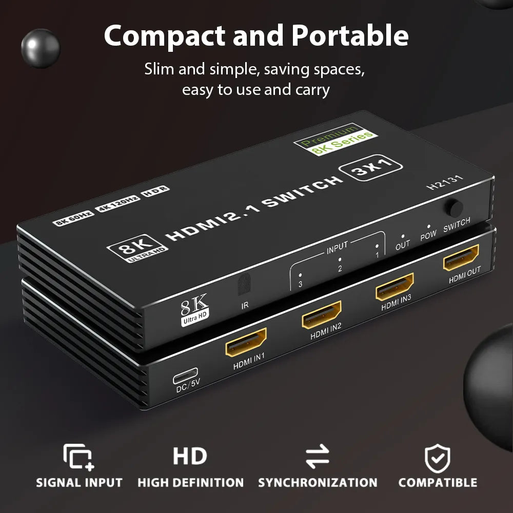 5-Port HDMI 2.1 Switch Splitter: 120Hz 4K & 8K Compatible Switcher with Remote - Supports Dolby Vision, CEC, and 48Gbps Bandwidth