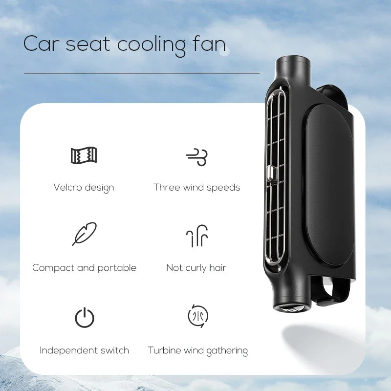 Portable Car Seat Fan – USB Powered Cooling Air Fan for Front & Rear Seats, Adjustable Strap for Car Interior