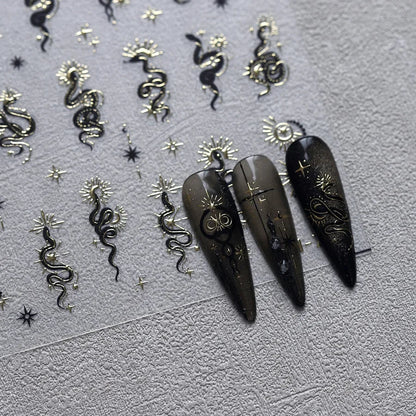 5D Gold Stamped Nail Art Stickers - Silver Sun Stars Snake Chinese Style Self-Adhesive Manicure Decals