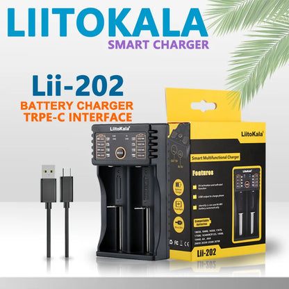 LiitoKala Lii-202 Battery Charger – Multi-Voltage 1.2V/3.7V Charging for 18650, 21700, 20700, 26650, 14500, 16340 NiMH & Li-Ion Batteries
