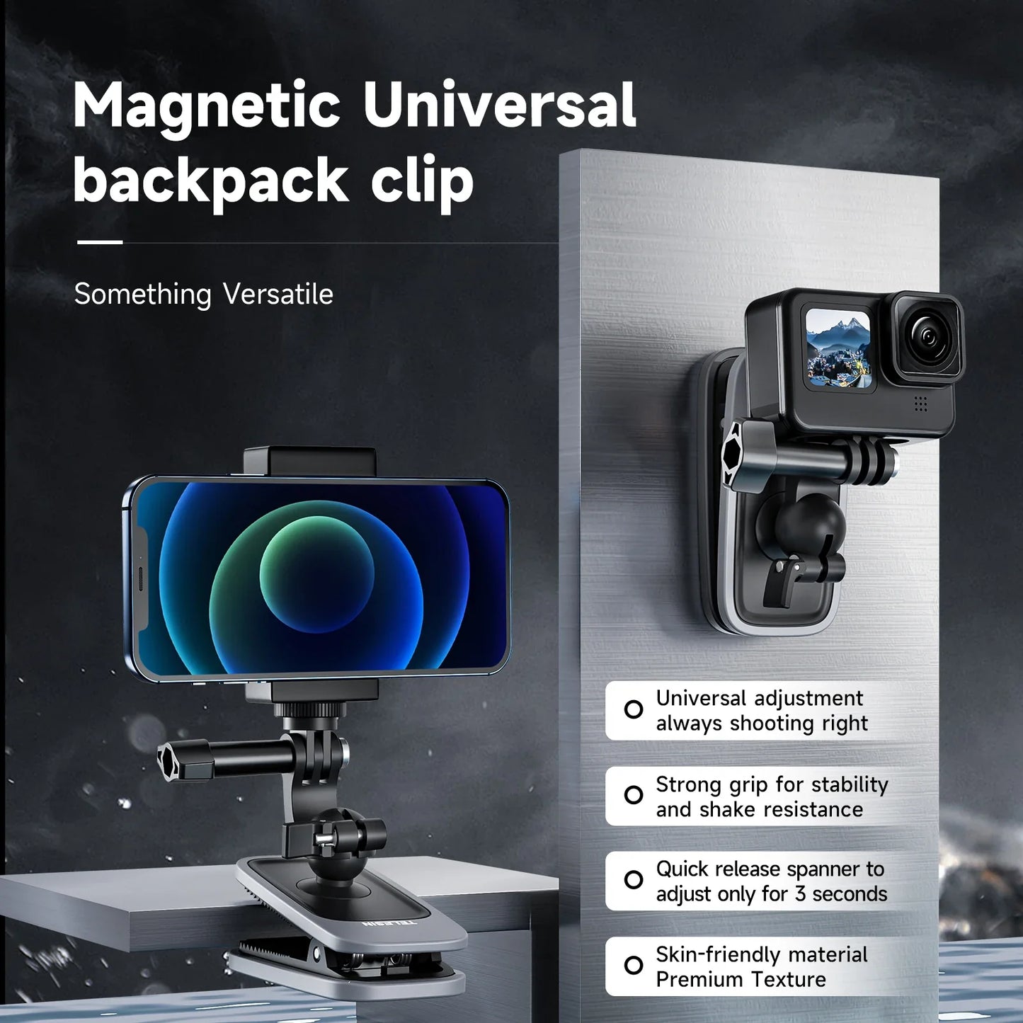 TELESIN 360° Rotating Magnetic Backpack Clip – Mount for GoPro Hero 5-11, Insta360 & DJI Action Camera Accessories