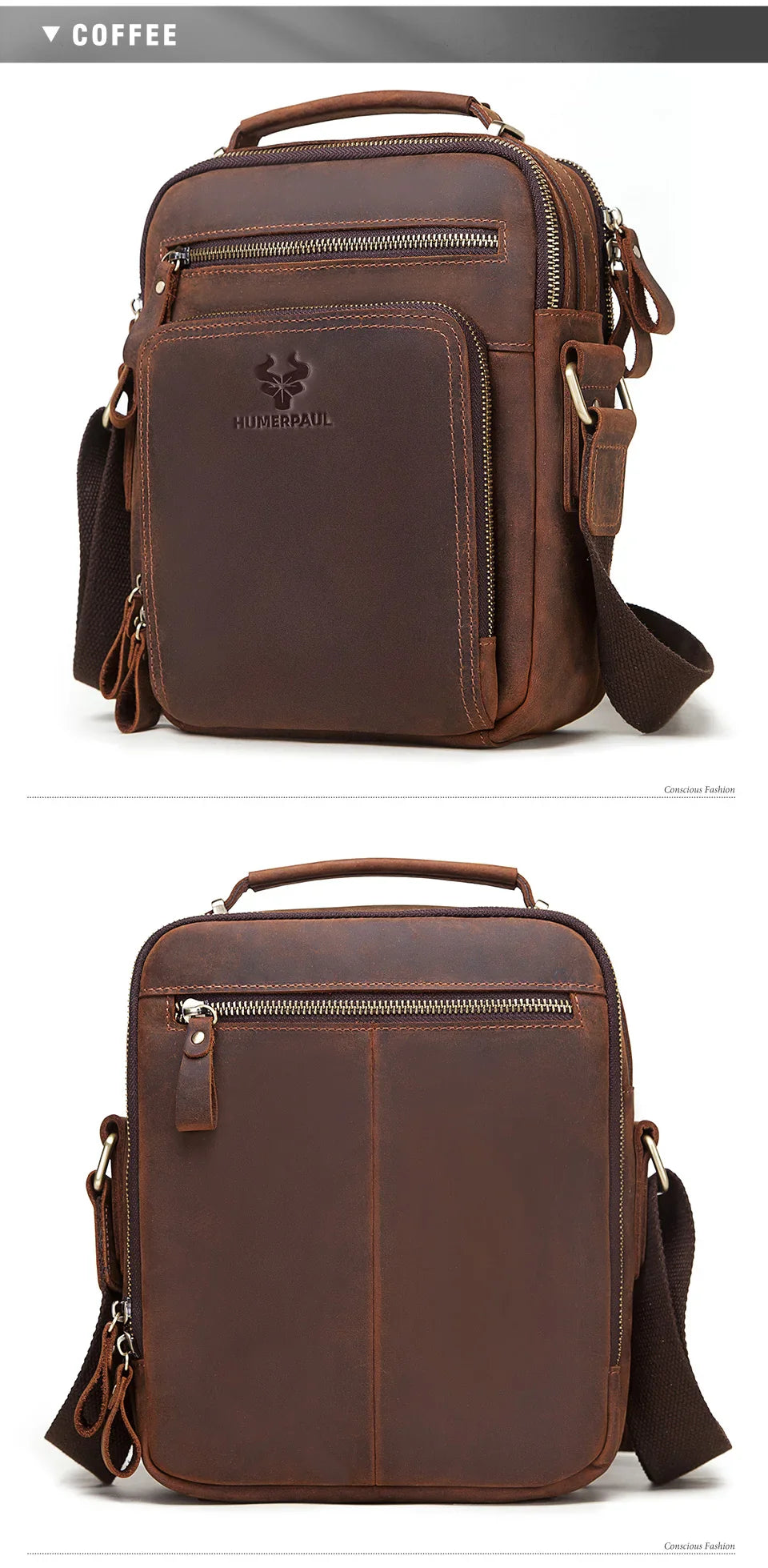 HUMERPAUL Genuine Leather Men's Shoulder Bag – Vintage Crossbody, Large Capacity Messenger Tote for Travel
