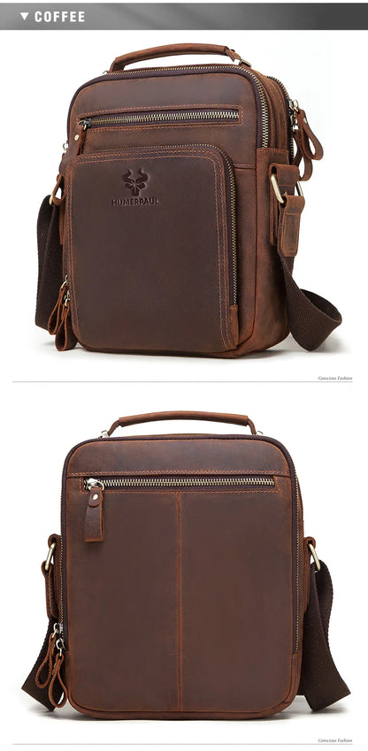 HUMERPAUL Genuine Leather Men's Shoulder Bag – Vintage Crossbody, Large Capacity Messenger Tote for Travel