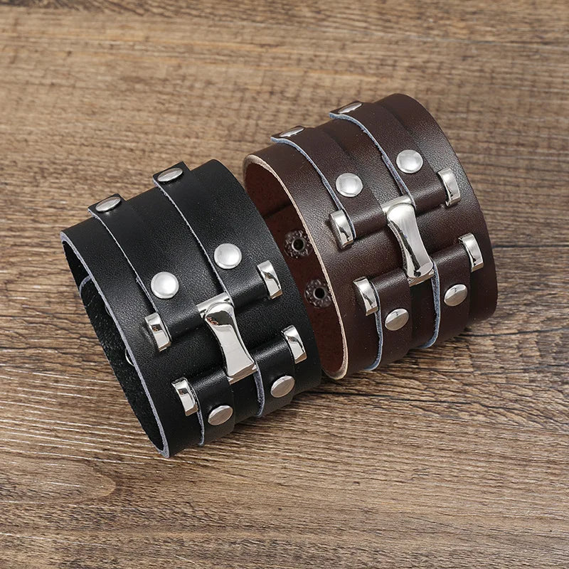 New Vintage Leather Wristband Bracelet – Gothic Punk Cuff with Concealed Buckle, Adjustable Metal Armbands for Men