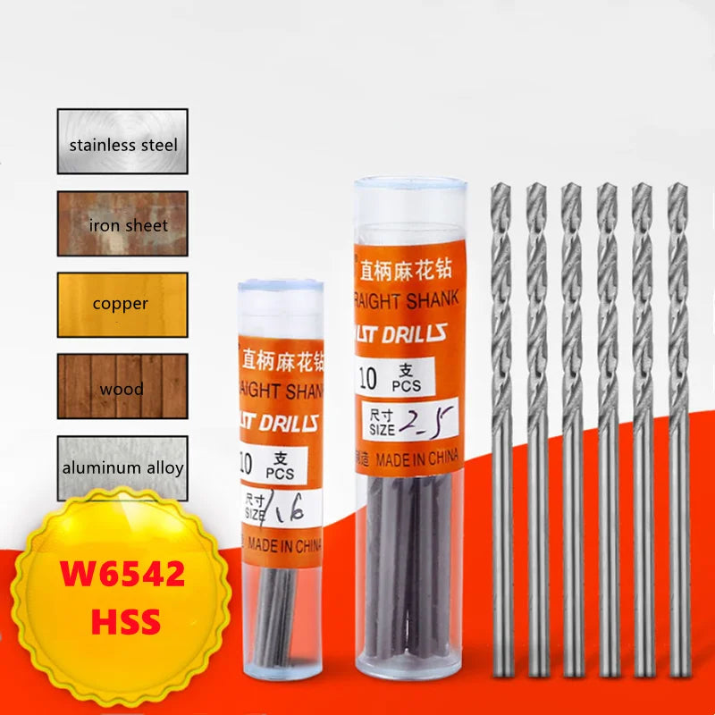 10PCS W6542 HSS Mini Drill Bit Set 0.2–5.2mm – Straight Shank Bits for Stainless Steel, Wood & Electric Drills