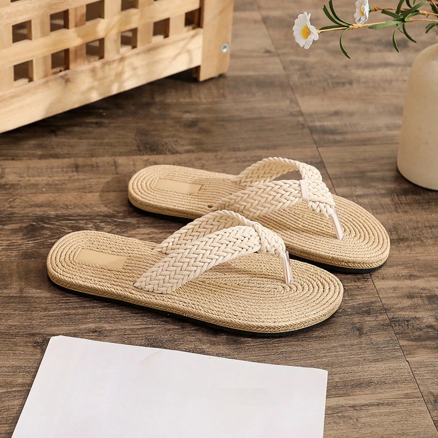Women’s Beach Flip Flops - Flat Thong Sandals with Imitation Hemp Rope Design