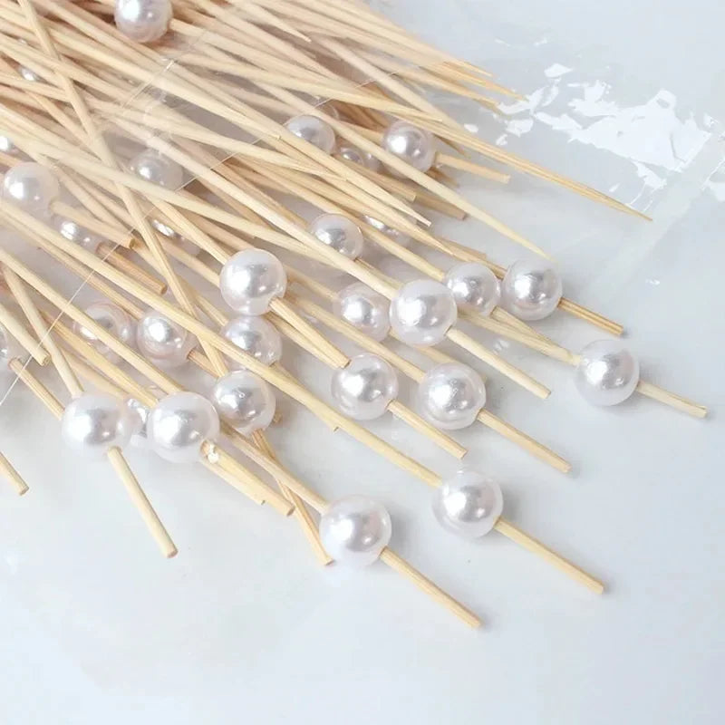 100PCS Gold, Silver & White Pearl Bamboo Skewers – Fruit, Dessert, Cocktail, Party, and Buffet Toothpicks