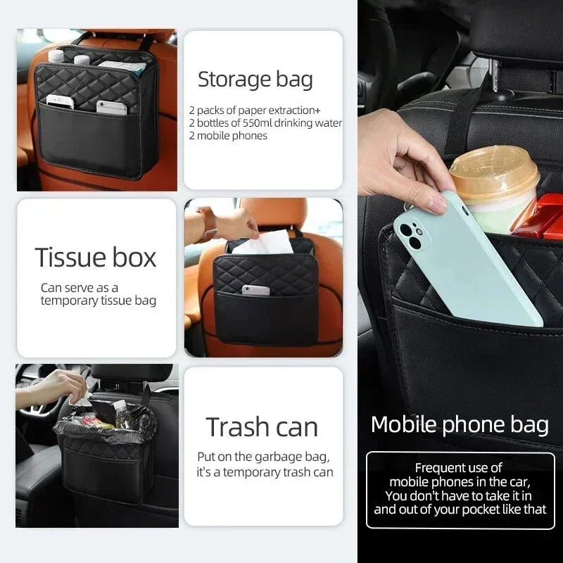 Multifunctional Car Seat Storage Bag – Leather Auto Organizer & Trash Bag Universal Fit for Most Car Models, Car Interior Storage Solution