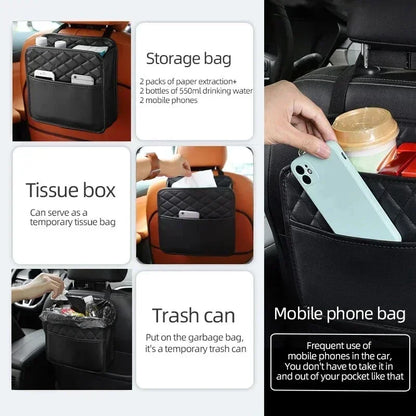 Multifunctional Car Seat Storage Bag – Leather Auto Organizer & Trash Bag Universal Fit for Most Car Models, Car Interior Storage Solution