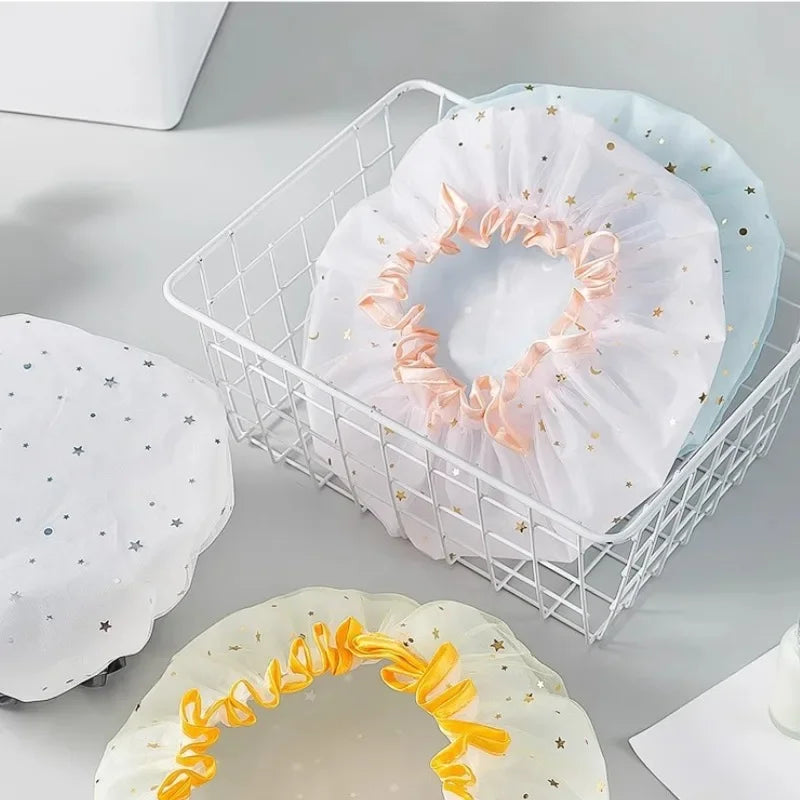 Waterproof Double-Layer Shower Cap – Starry Sky Design, Fashionable Reusable Bathing Hat, Oil-Proof Kitchen Hat