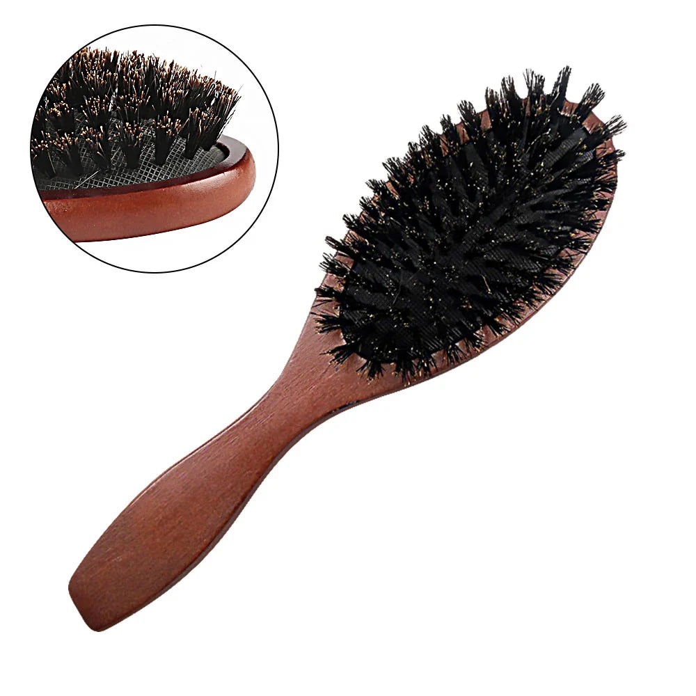 Natural Boar Bristle Hair Brush — Anti-Static Wooden Oval Comb for Women’s Hair Styling