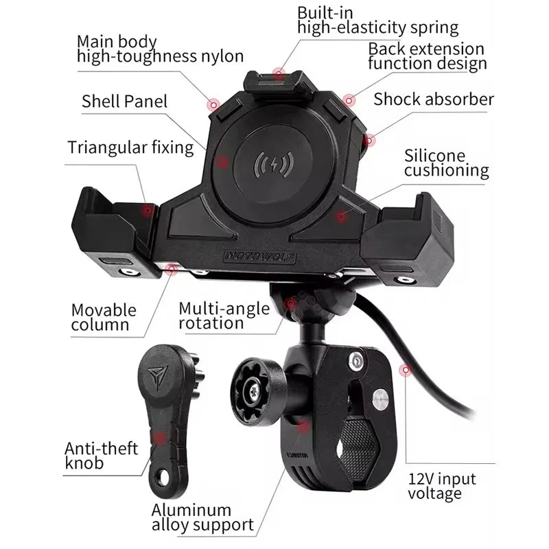 MOTOWOLF Motorcycle Shock Absorbing Phone Holder – Triangular Wireless Charging Navigation Mount