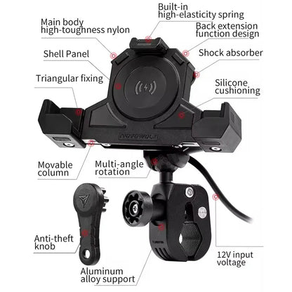 MOTOWOLF Motorcycle Shock Absorbing Phone Holder – Triangular Wireless Charging Navigation Mount