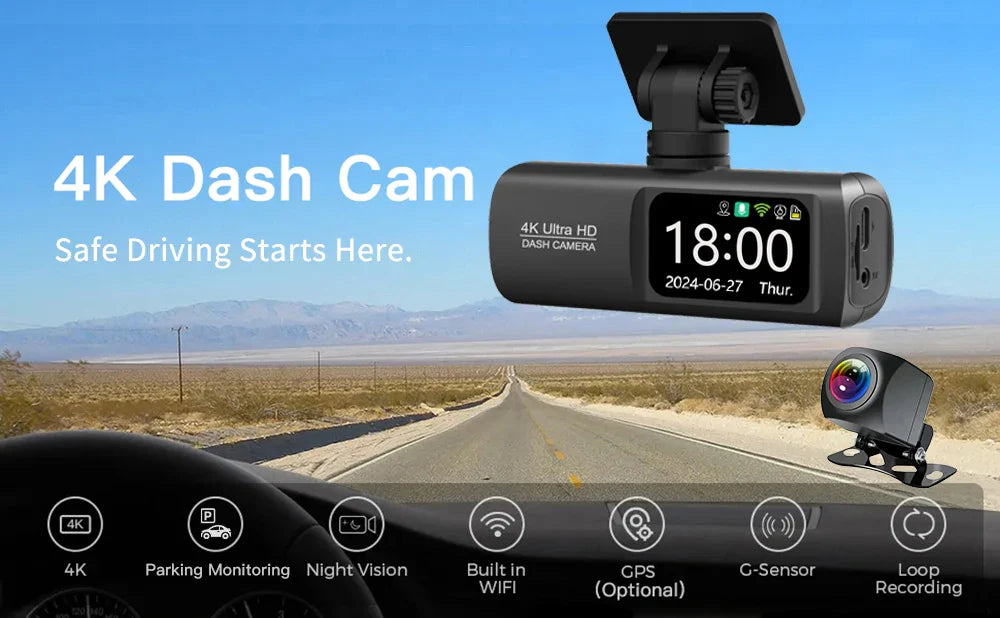 UHD 4K Dash Cam Dual Lens – 1080P Rear Lens, Built-in WiFi, GPS, 24-Hour Parking Monitoring Car DVR