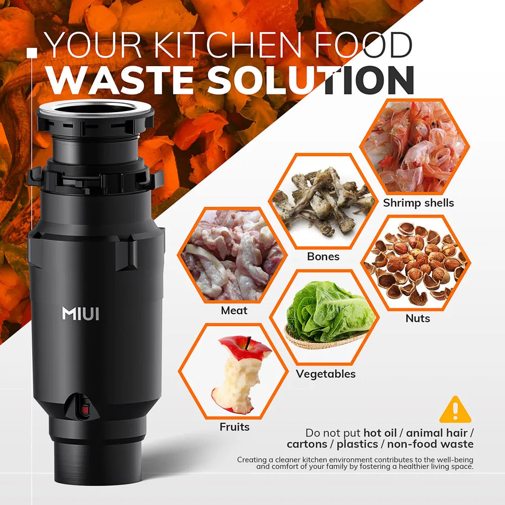 MIUI Continuous Feed Garbage Disposal | 1/2 HP Food Waste Disposer with Stainless Steel Grinding System | Sound Reduction