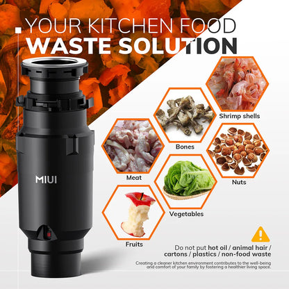 MIUI Continuous Feed Garbage Disposal | 1/2 HP Food Waste Disposer with Stainless Steel Grinding System | Sound Reduction