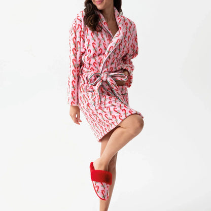 Women’s Winter Plush Robe – Long Sleeve Lapel Tie-Up with Stripe, Heart & Candy Prints Loungewear
