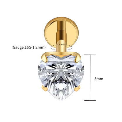 Right Grand ASTM F136 Titanium 16G Heart CZ Threaded Labret Stud – 3mm/4mm/5mm CZ Cartilage, Tragus, Helix & Nose Piercing Jewelry