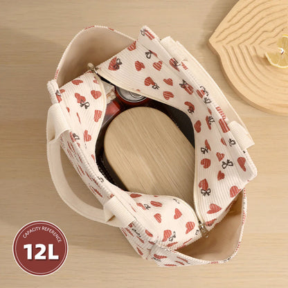 12L Insulated Lunch Box Bag — Thickened Aluminum Foil, Waterproof & Oil-Proof Printed Corduroy Meal Bag