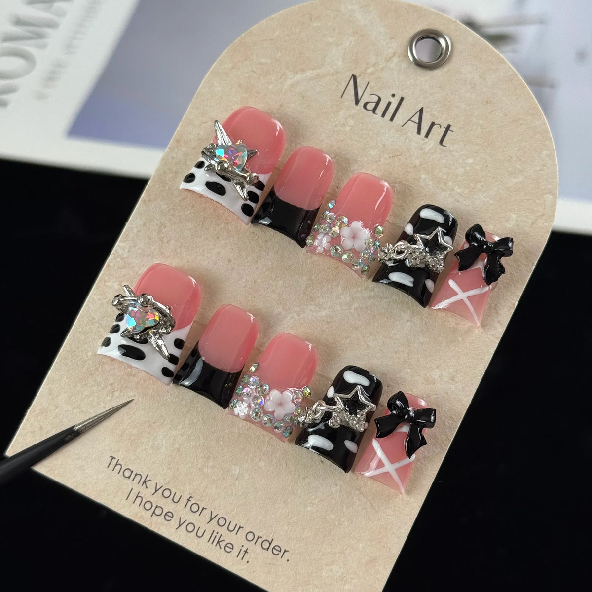 10-Piece 3D Bow & Glitter Press-On Nails - Sweet Girl Handmade Nail Set