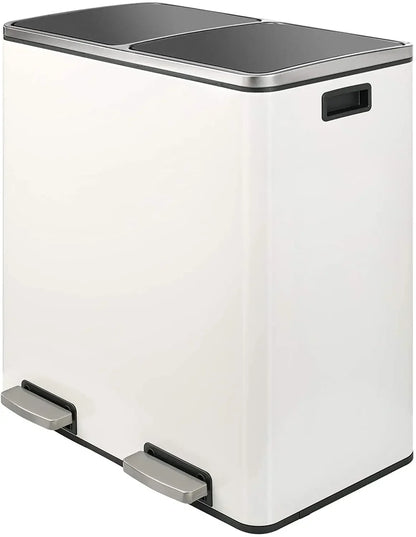 60L Dual Compartment Kitchen Step Trash Can – Hands-Free, Soft-Close Lid, Brushed Stainless Steel