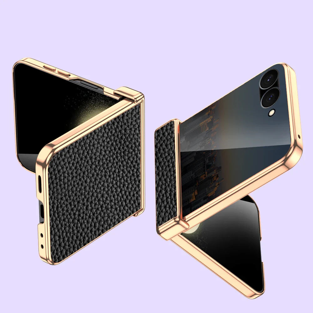 Cowhide Leather Samsung Galaxy Z Flip Case — Luxury Hinge Protection Cover with Tempered Glass for Flip 5/6/7