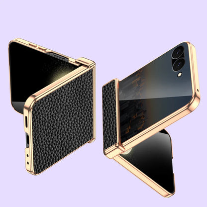Cowhide Leather Samsung Galaxy Z Flip Case — Luxury Hinge Protection Cover with Tempered Glass for Flip 5/6/7