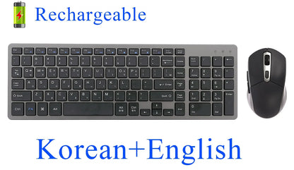Wireless Keyboard and Mouse Combo – Rechargeable Slim Set with Russian, Hebrew, Korean, English Keycaps & Silent Mouse