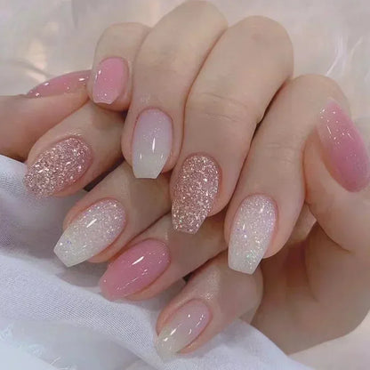 24PCS Short Square Coffin False Nails – French Glitter Acrylic Press-On Nail Tips with Glue, Wearable Fake Nails Set