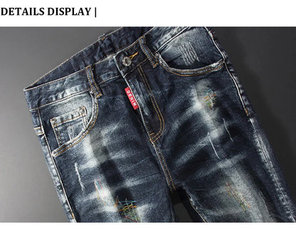 Streetwear Men’s Slim Fit Ripped Jeans – Retro Black & Blue Spliced Denim with Designer Embroidery, Hip Hop Fashion