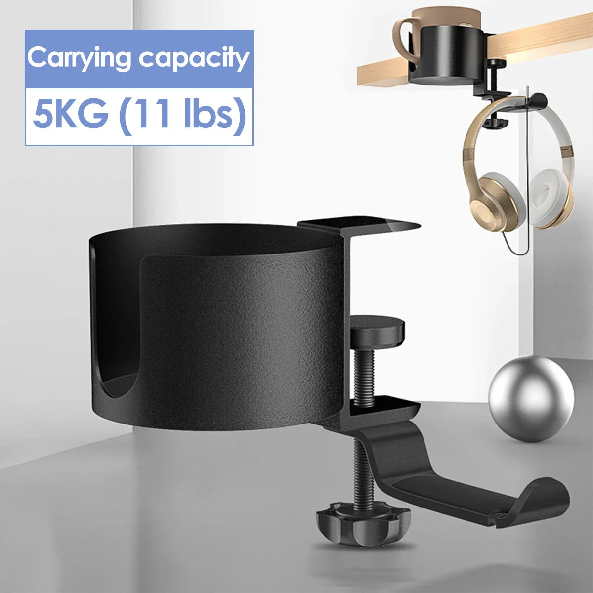 2-in-1 Desk Cup Holder with Headphone Hanger - 360° Rotation, Adjustable Arm Clamp, Headset Hook, and Bottle Holder