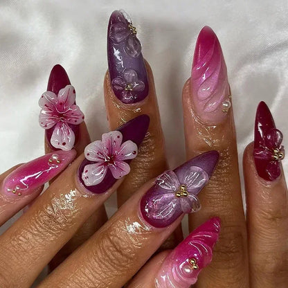 24PCS Pink Almond Press On Nails - Butterfly Ballet French Design Artificial Nail Tips for Stylish Nail Art