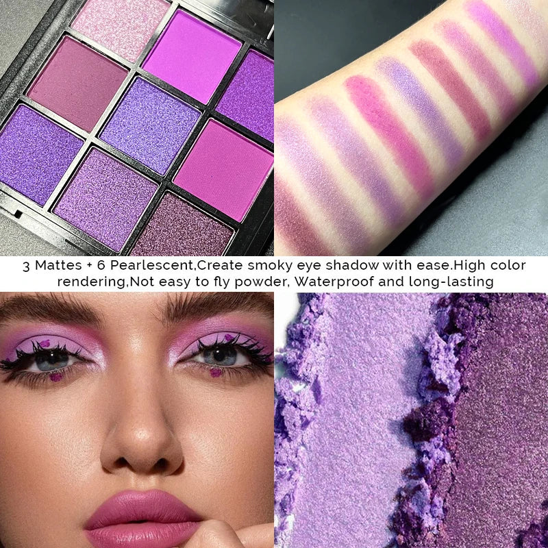 9-Grid Red Eyeshadow Palette – Purple Glitter, Pearlescent Matte & Shimmer Long-Lasting Eye Makeup for Women