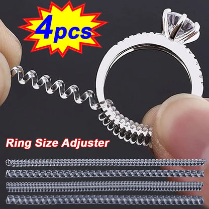 Invisible Ring Size Reducer Tool Set | Spiral Spring Based Rings Adjuster | Transparent Tightener | Resizing Guard for Jewelry - 4pcs/Set