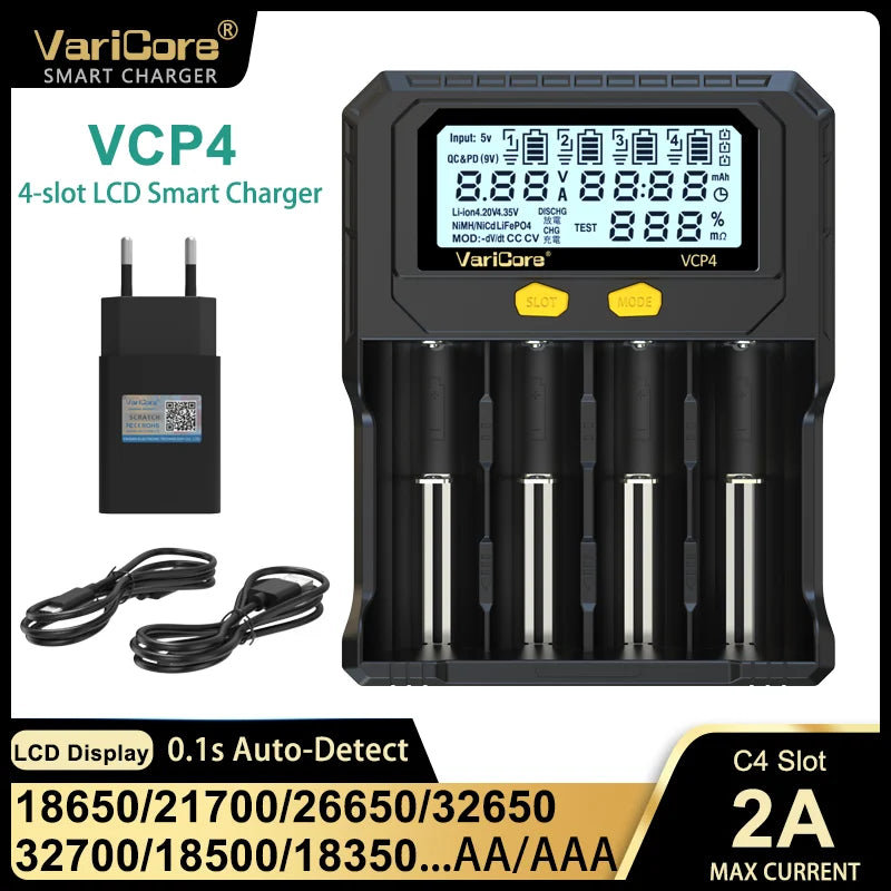 VariCore VCR4/VCP4 LCD Smart Battery Charger – Capacity Tester for 3.7V Li-Ion (18650, 21700, 26650), 3.2V LiFePO4 (32700), and 1.2V Ni-MH (AA/AAA)