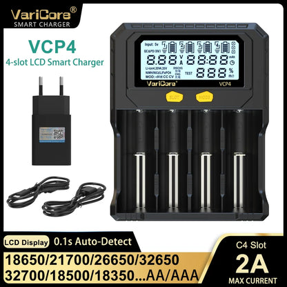 VariCore VCR4/VCP4 LCD Smart Battery Charger – Capacity Tester for 3.7V Li-Ion (18650, 21700, 26650), 3.2V LiFePO4 (32700), and 1.2V Ni-MH (AA/AAA)