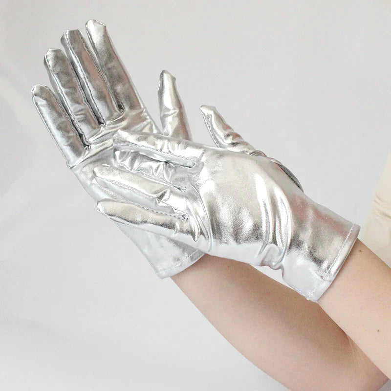 Gold Silver Metallic Faux Leather Short Gloves – Sexy Wet Look Party, Evening & Performance Mittens Handwear