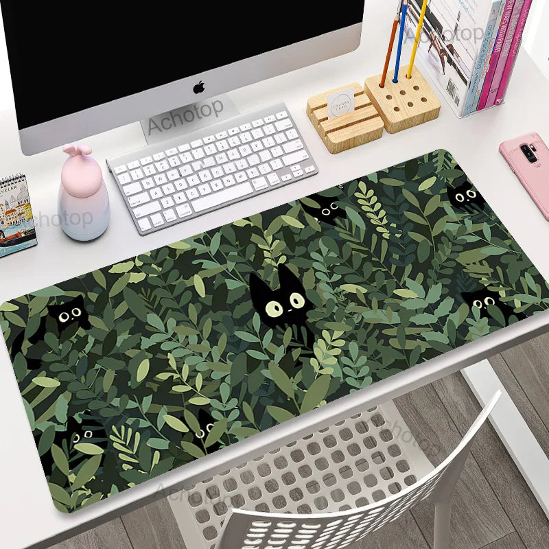 Cute Cat Gaming Mouse Pad - XL Green Plant Design XXL Desk Mat for Keyboard Computer Laptop Gamer Setup