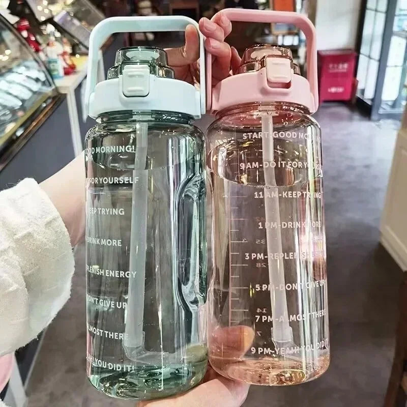 2L Portable Water Bottle - Large Capacity Plastic Drink Cup with Straw and Time Marker for Outdoor Sports and Fitness