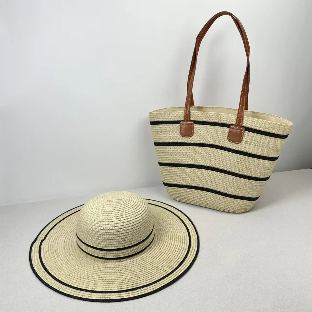French Style Straw Handbag & Summer Beach Hat Set – Woven Bucket Bag with Fine Stripes