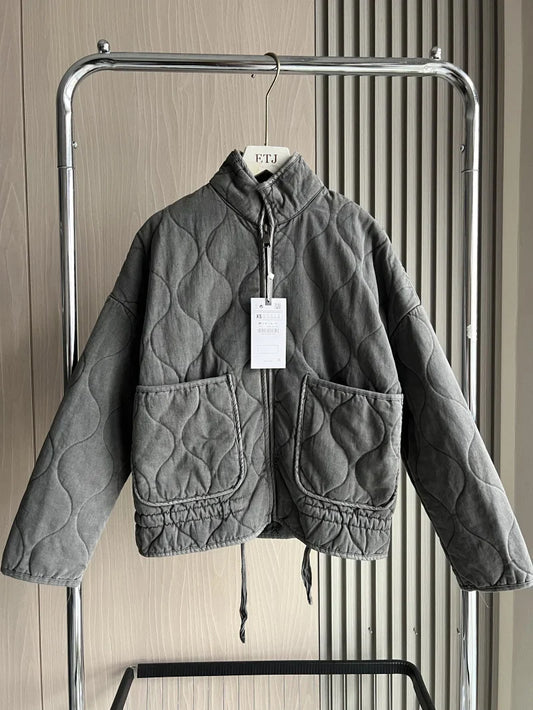 ZW Women’s Cotton Quilted Jacket – 2024 Vintage High Collar Coat with Large Pockets