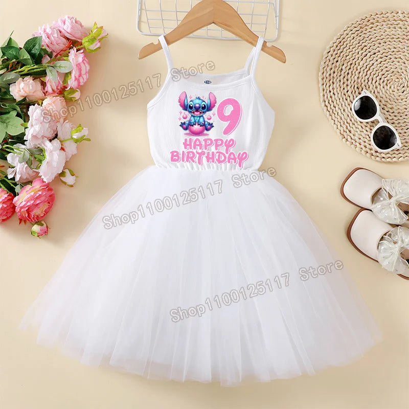 Disney Stitch Baby Girl Tulle Dress — Birthday Number 1-9 Party Skirt, Cute Summer White Dress for Kids