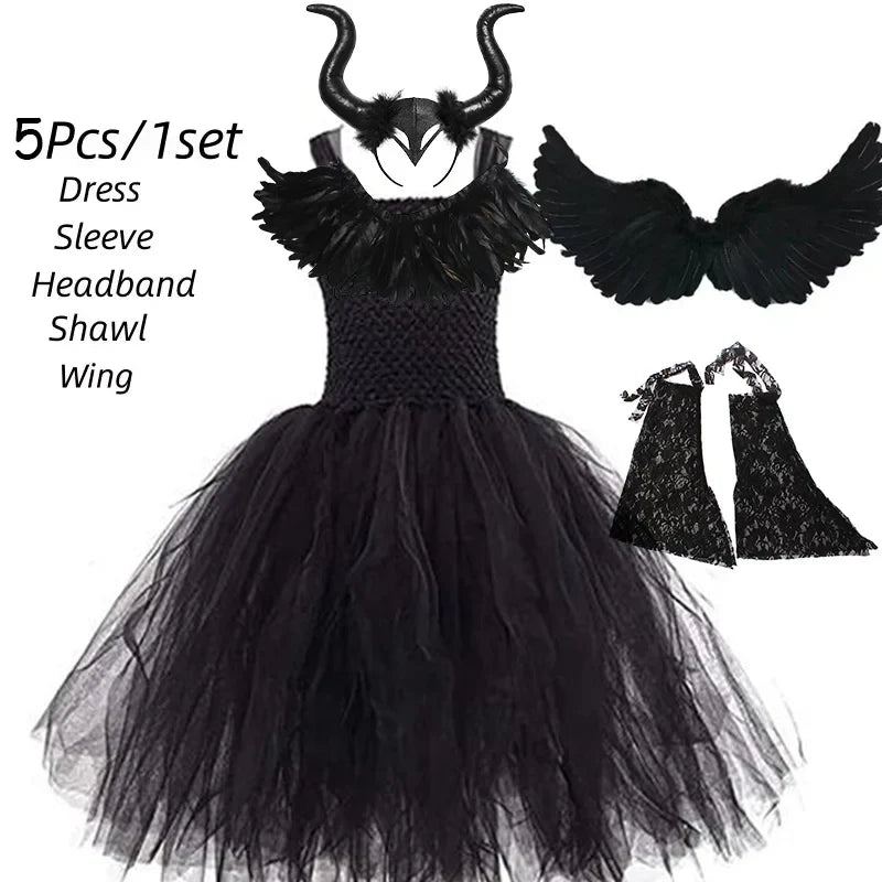 Girls’ Evil Queen Tutu Dress - Handmade Black Mesh Princess Halloween Cosplay Costume