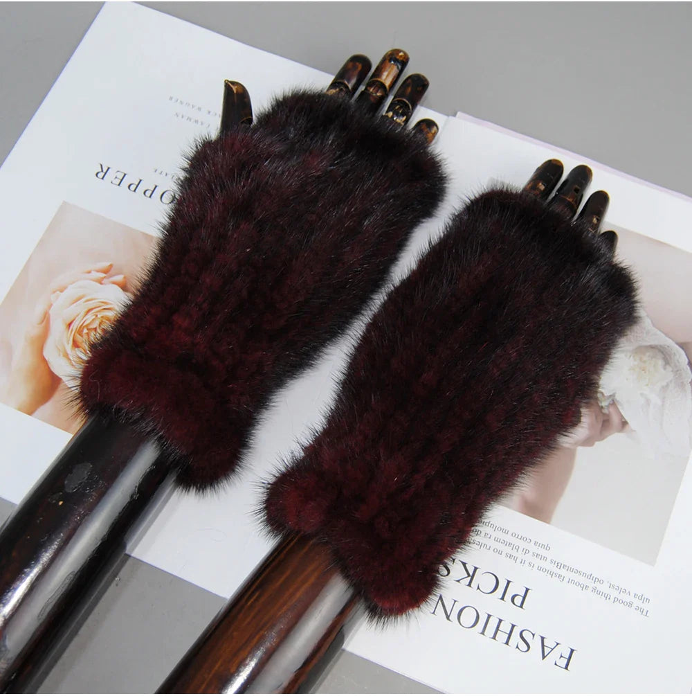 Women’s Winter Mink Fur Gloves – 100% Natural Fingerless Knitted Mittens for Warmth